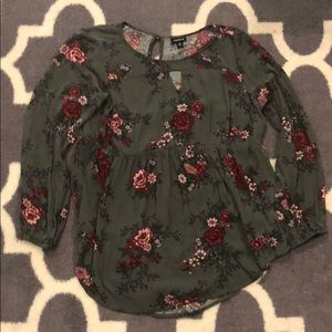 Long sleeve olive green and floral shirt